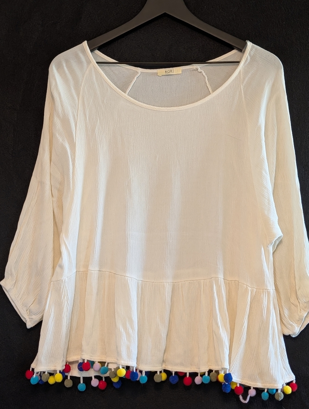 Kori America Peplum Top Pom Trim Boho Rayon Blouse Sm. Peasant Cottagecore Airy